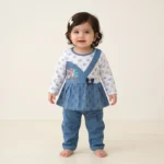 Love Print Premium Cotton Baby Girl Frock Set with Matching Pants – Summer Outfit - Blue
