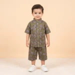 KidsnWear Boys' Premium Typography Button-Down Shirt and Shorts Set - Olive Green