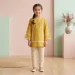 Girls' Mustard Lace-Trimmed Kurta and Printed Trousers Co-Ord Set - Yellow