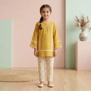 Girls' Mustard Lace-Trimmed Kurta and Printed Trousers Co-Ord Set