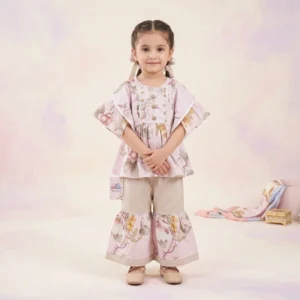 Girls' Abstract Print Wing-Sleeve Peplum Kurta and Gharara Pants Co-Ord Set