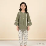 Girls' Mustard Lace-Trimmed Kurta and Printed Trousers Co-Ord Set - Green