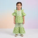 Girls' Abstract Print Wing-Sleeve Peplum Kurta and Gharara Pants Co-Ord Set - Green