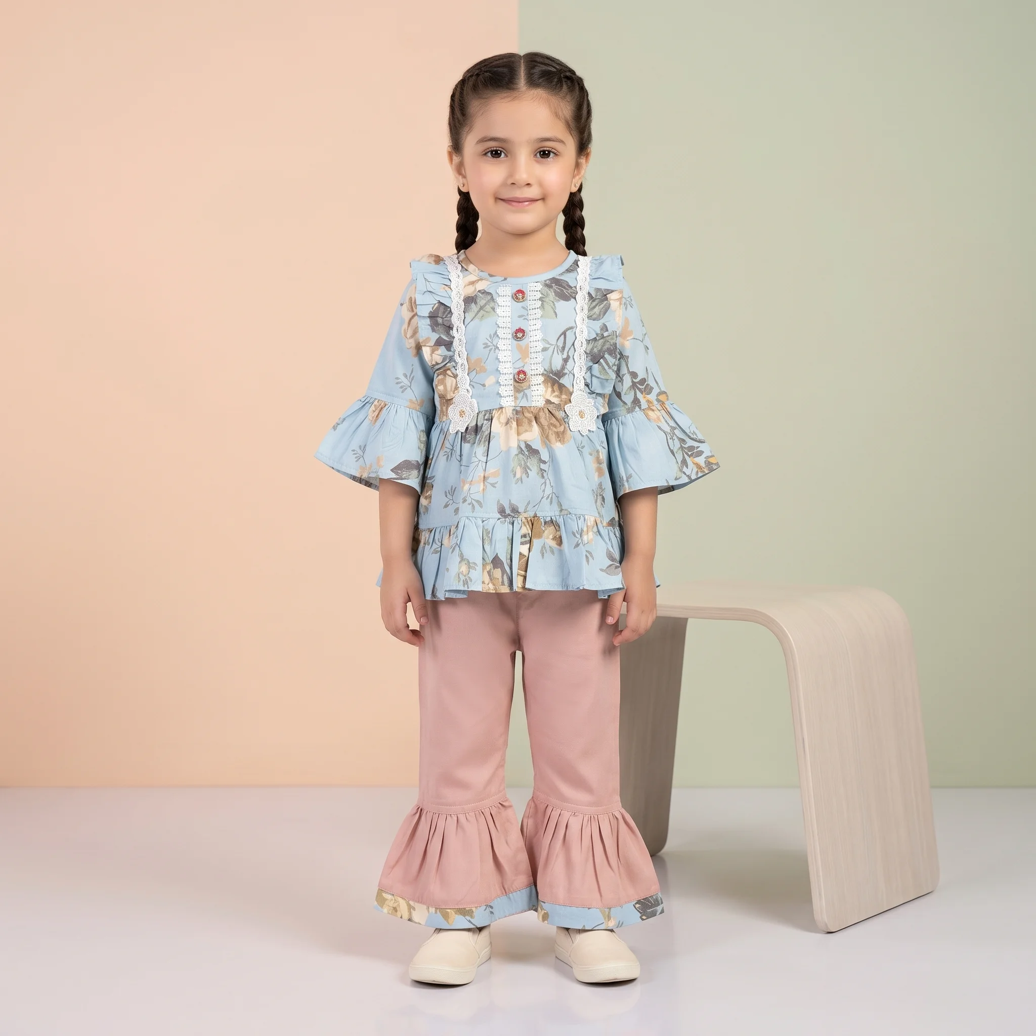 Girls' Floral Lace-Trimmed Peplum Kurta and Flared Gharara Pants Co-Ord Set - Image 7