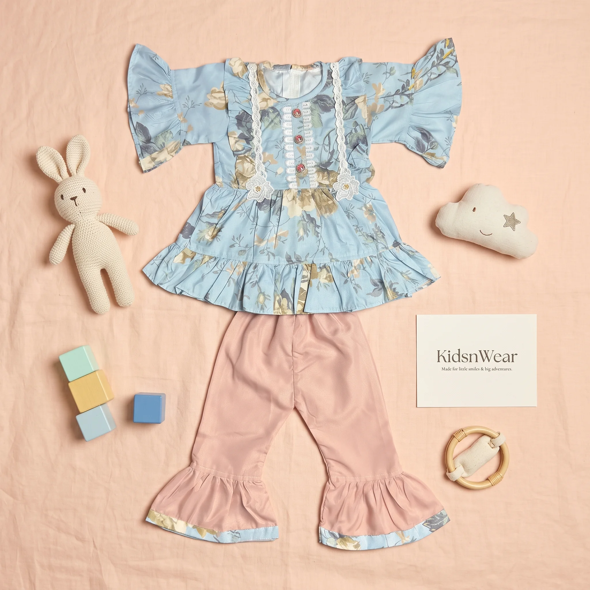 Girls' Floral Lace-Trimmed Peplum Kurta and Flared Gharara Pants Co-Ord Set - Image 8