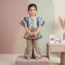 Girls' Abstract Print Wing-Sleeve Peplum Kurta and Gharara Pants Co-Ord Set - Brown