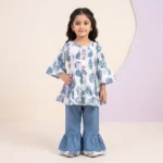 Girls' Floral Lace-Trimmed Peplum Kurta and Flared Gharara Pants Co-Ord Set - Blue