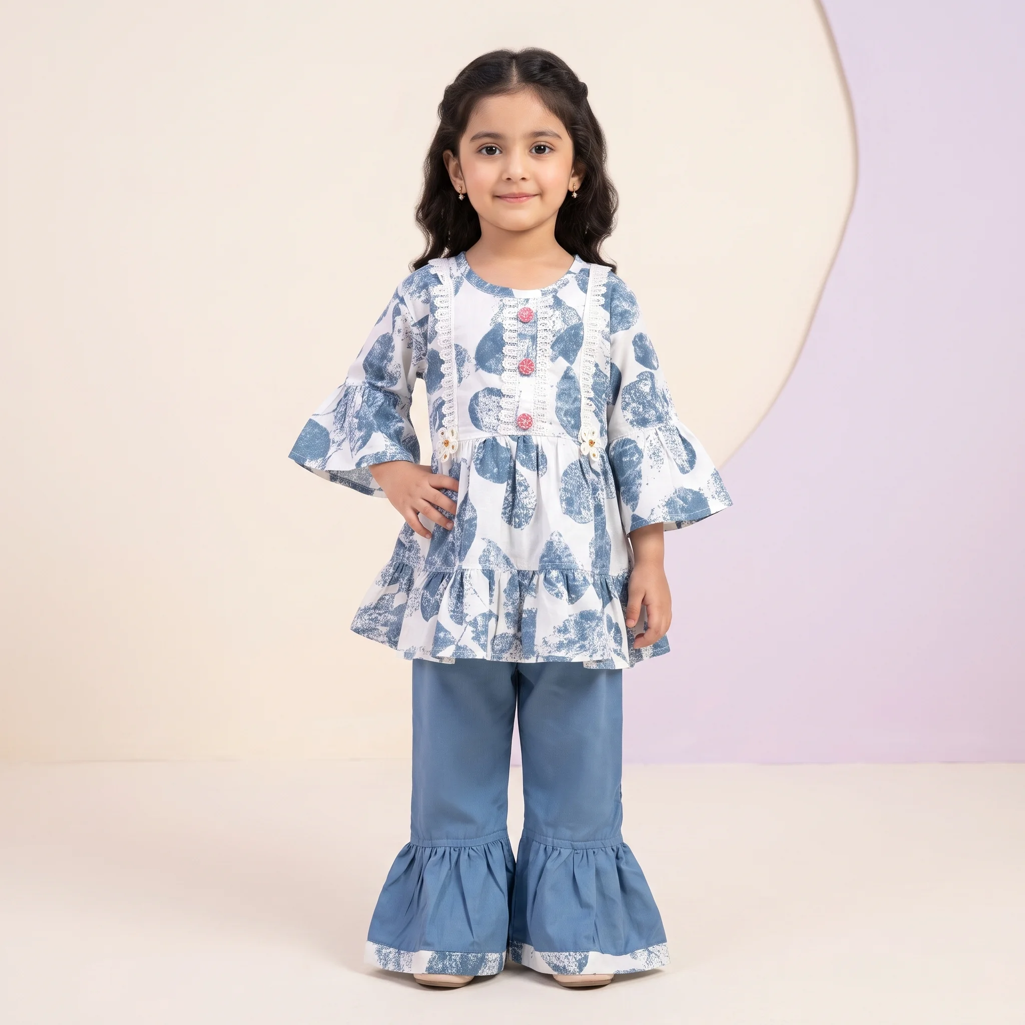 Girls' Floral Lace-Trimmed Peplum Kurta and Flared Gharara Pants Co-Ord Set - Image 3