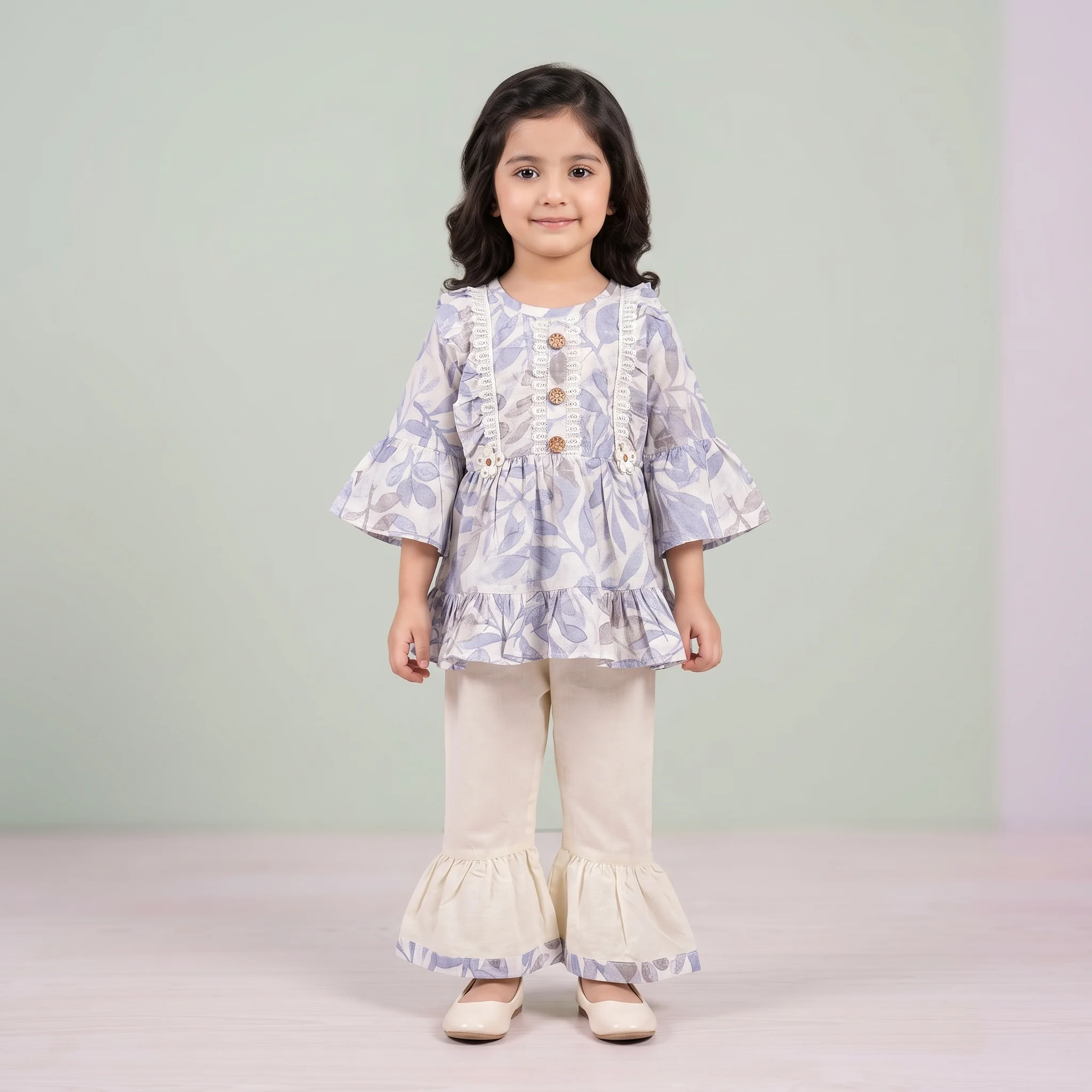 Girls' Floral Lace-Trimmed Peplum Kurta and Flared Gharara Pants Co-Ord Set