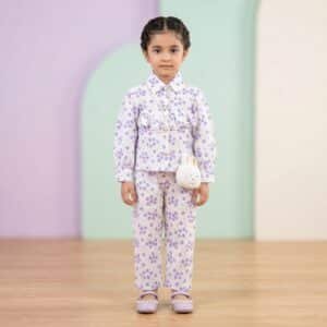 Girls' Elegant Floral Print Ruffle Shirt and Trousers Co-Ord Set