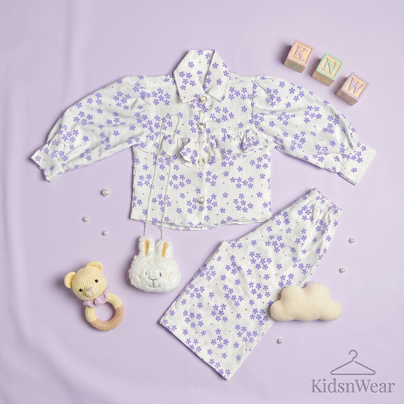 Girls' Elegant Floral Print Ruffle Shirt and Trousers Co-Ord Set - Image 2