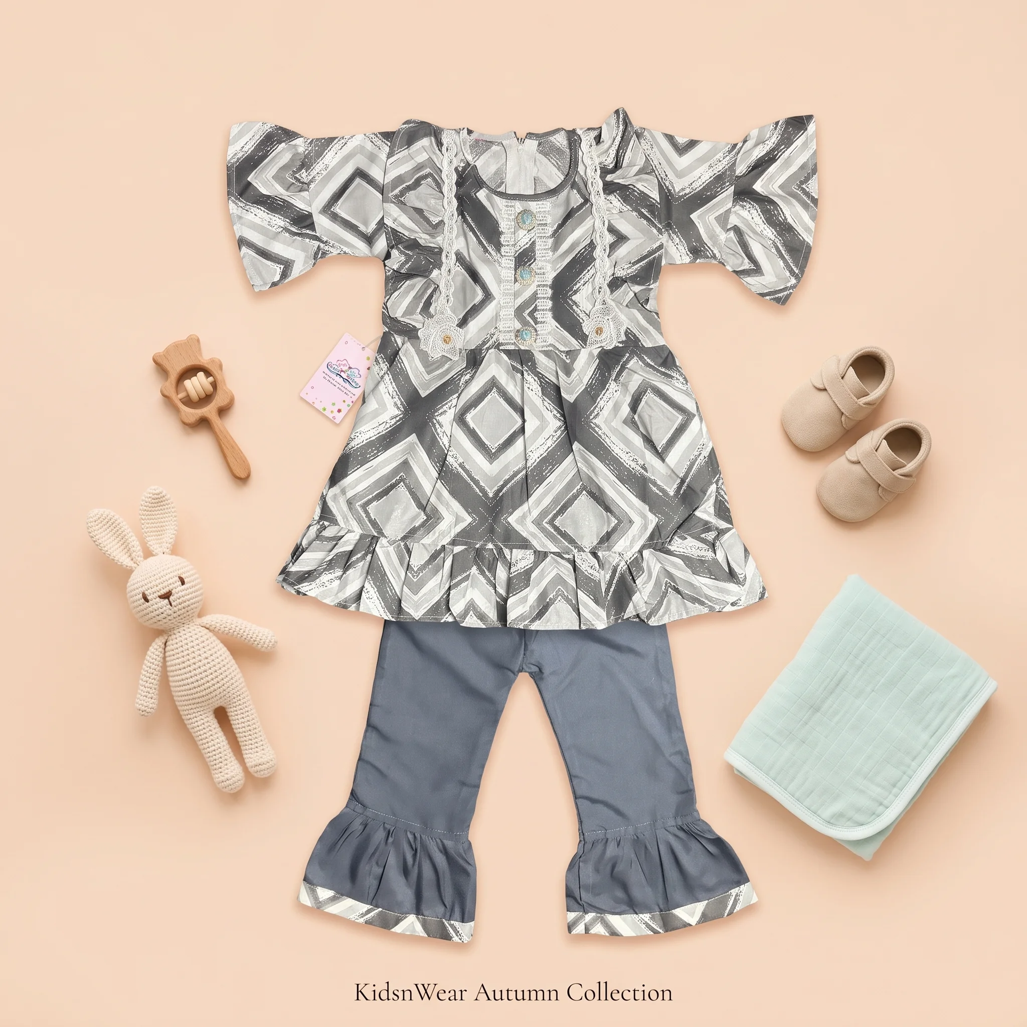 Girls' Floral Lace-Trimmed Peplum Kurta and Flared Gharara Pants Co-Ord Set - Image 6