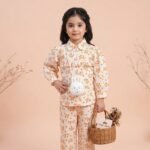 Girls' Elegant Floral Print Ruffle Shirt and Trousers Co-Ord Set - Orange