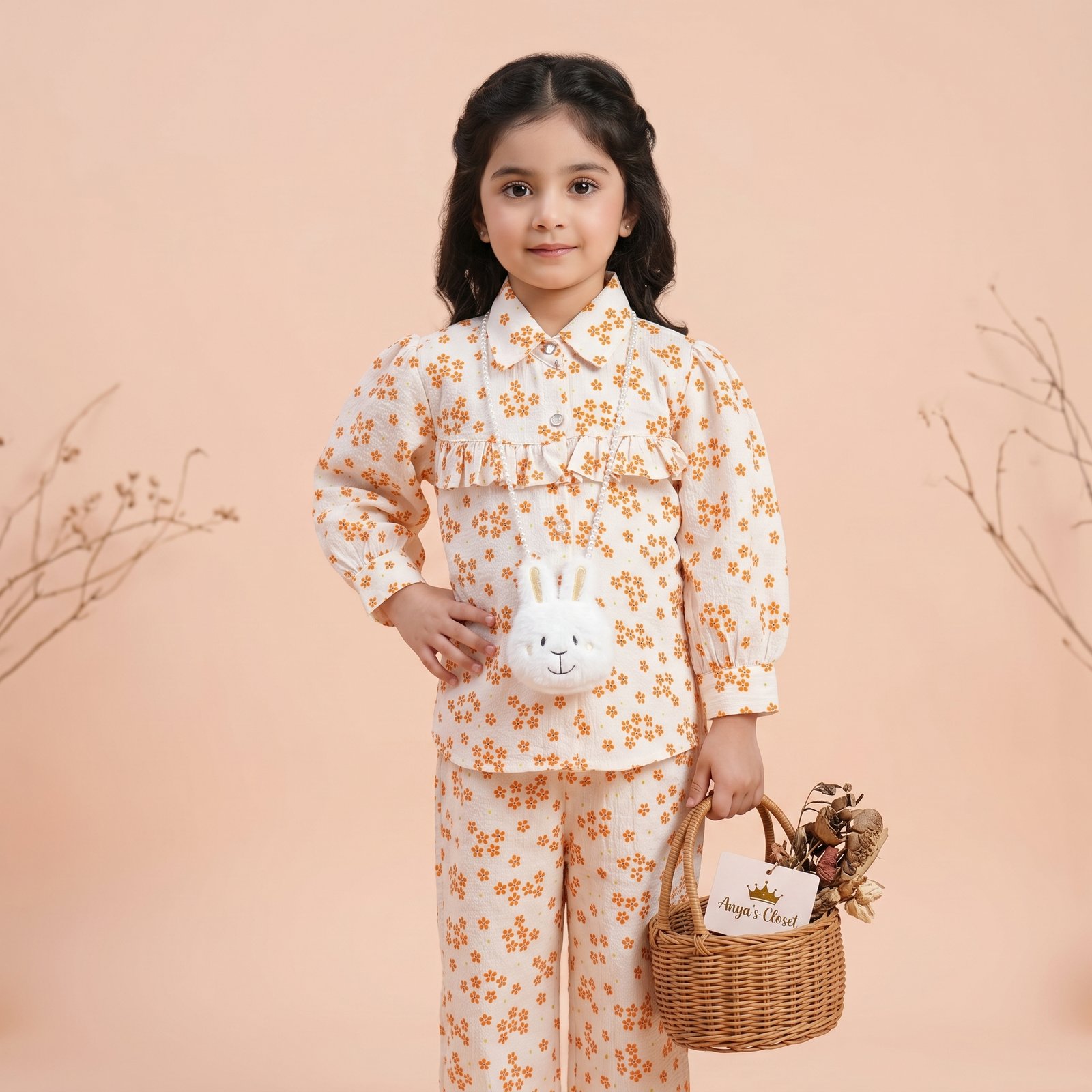 Girls' Elegant Floral Print Ruffle Shirt and Trousers Co-Ord Set - Image 3