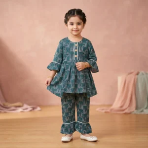 Girls' Geometric Print Peplum Kurta and Ruffled Gharara Pants Co-Ord Set
