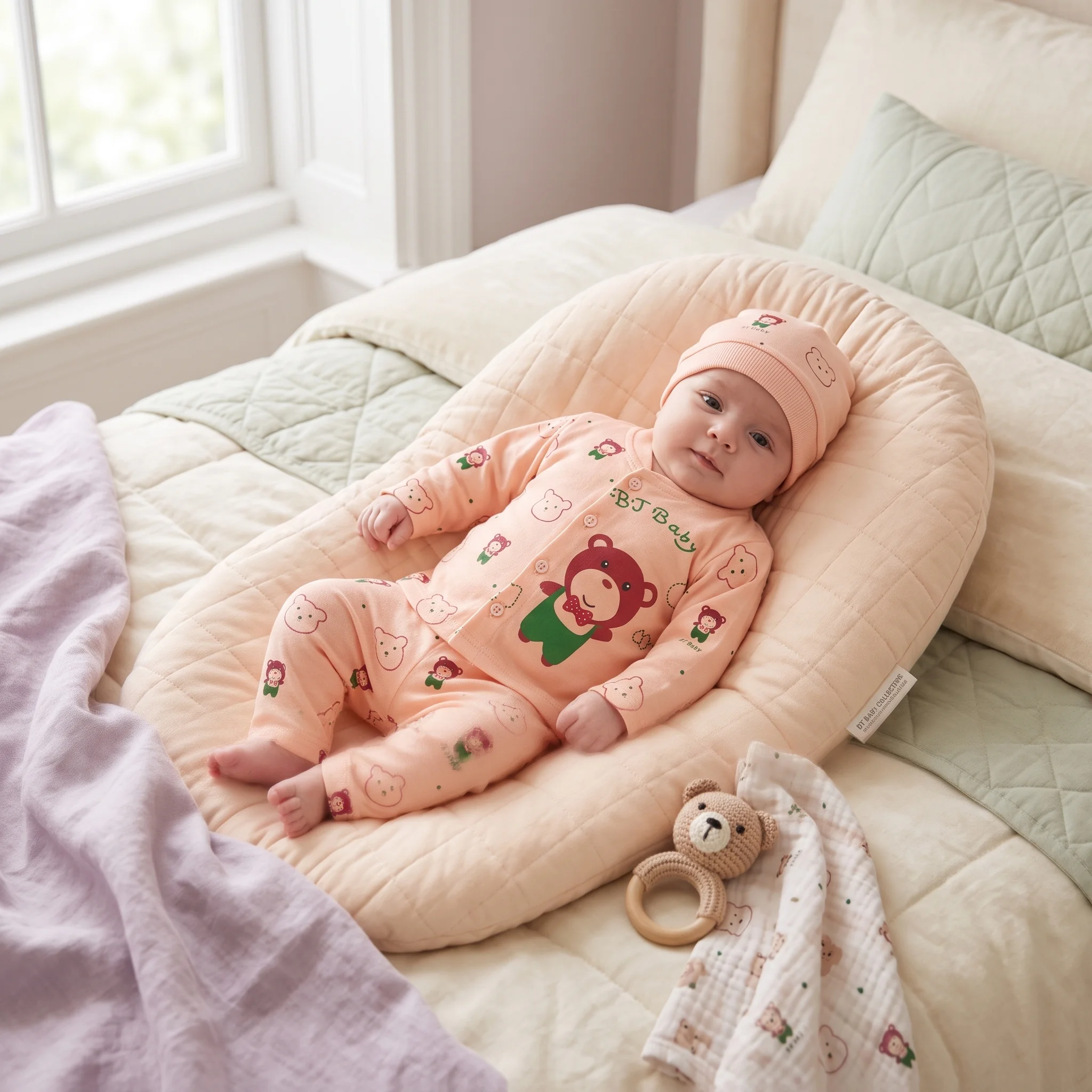 Infant Cartoon Bear Premium Cotton Romper and Beanie Hat Set