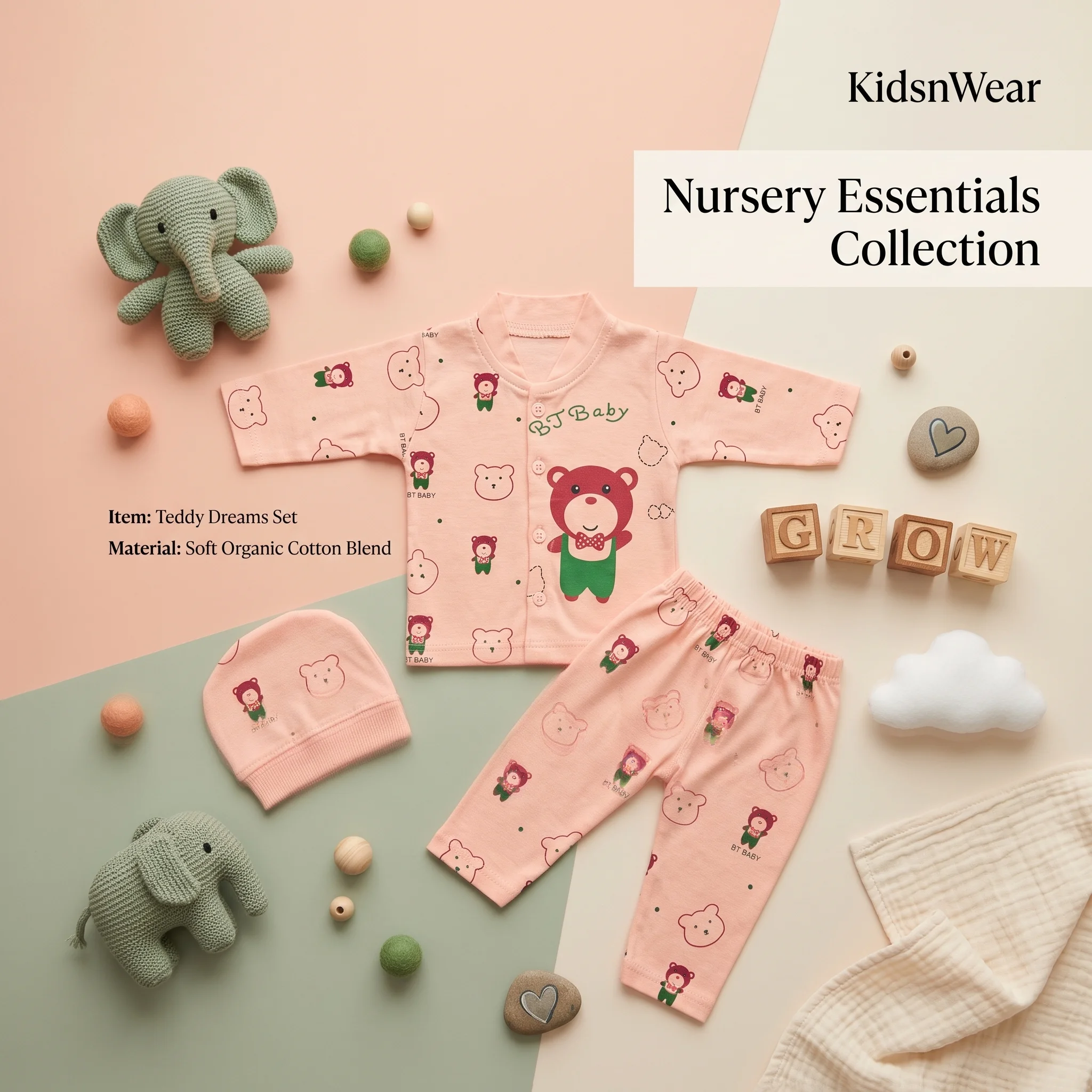 Infant Cartoon Bear Premium Cotton Romper and Beanie Hat Set - Image 2