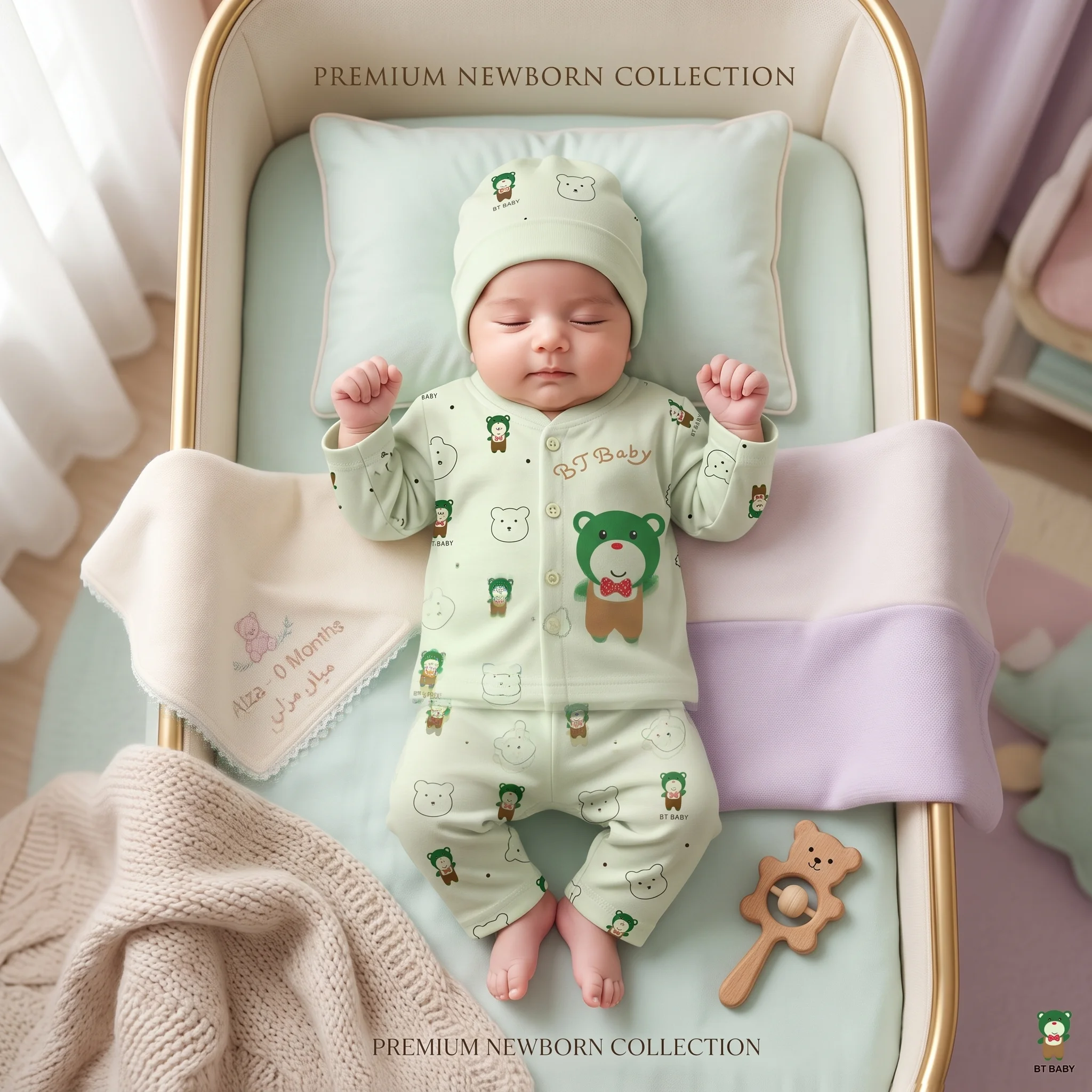 Infant Cartoon Bear Premium Cotton Romper and Beanie Hat Set - Image 5
