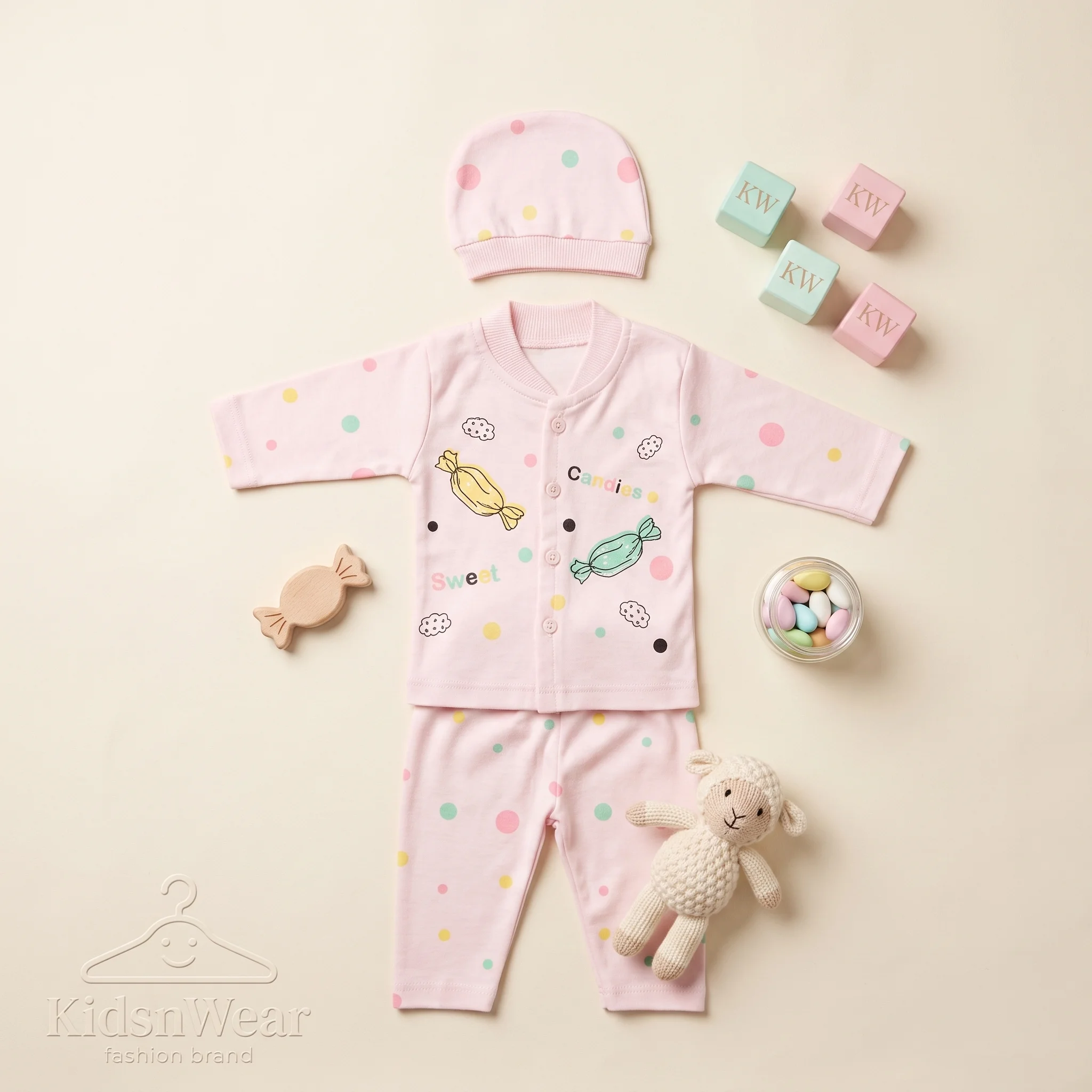 Infant Sweet Candies Polka Dot Premium Cotton Romper and Beanie Hat Set - Image 2