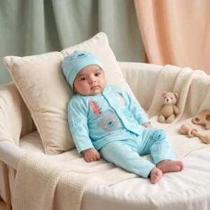 Infant Cartoon Teddy Bear Premium Knit Romper and Beanie Hat Set