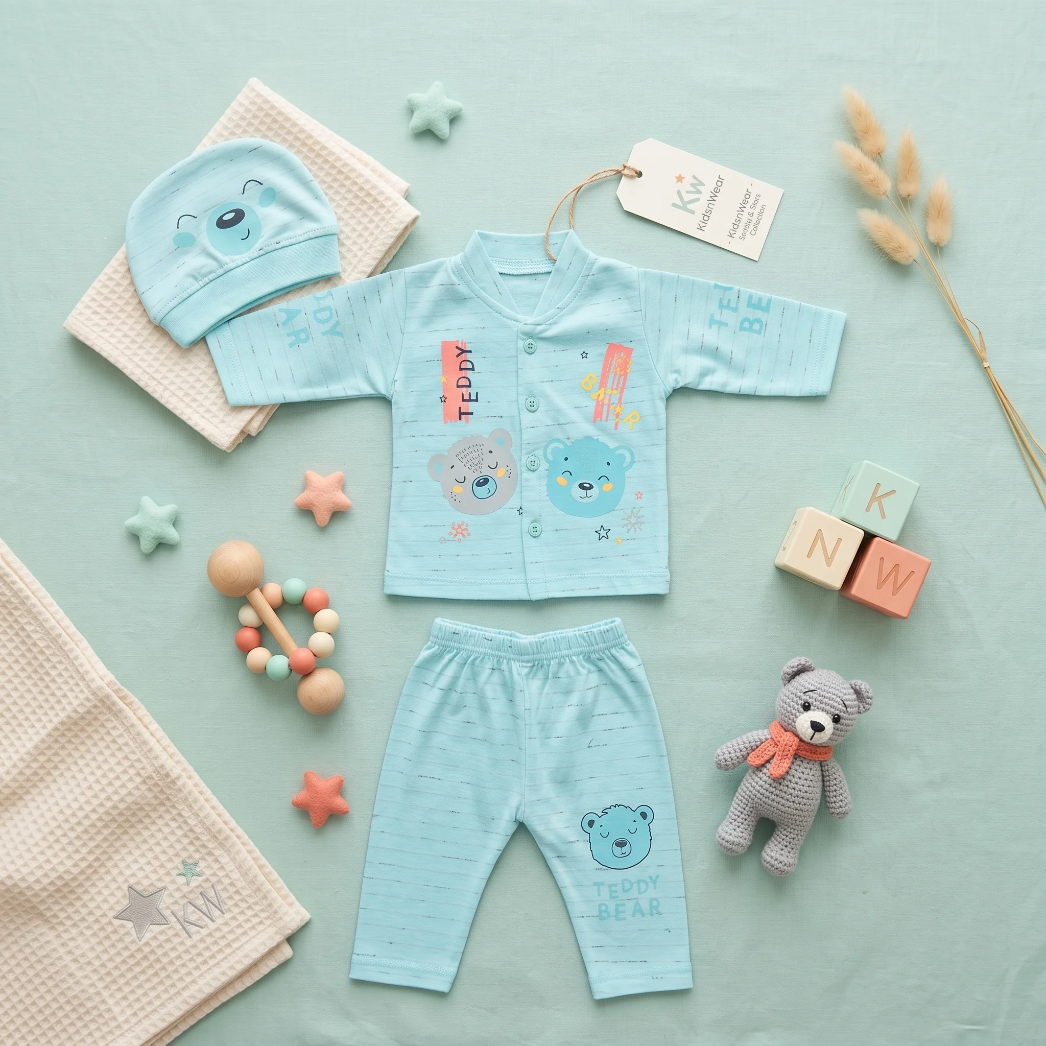 Infant Cartoon Teddy Bear Premium Knit Romper and Beanie Hat Set - Image 2