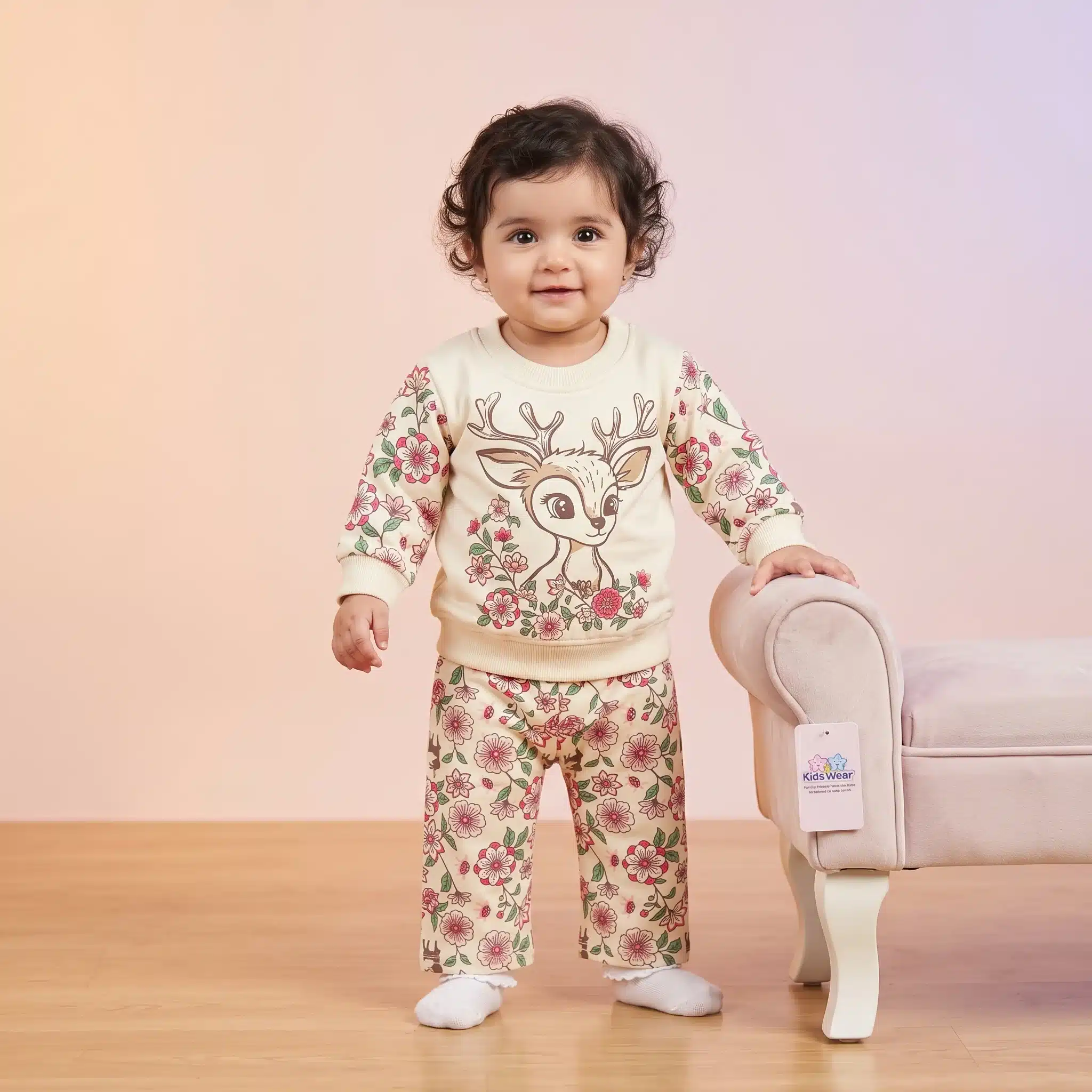 Girls' Woodland Deer Graphic Premium Fleece Sweatshirt and Trousers Lounge Set