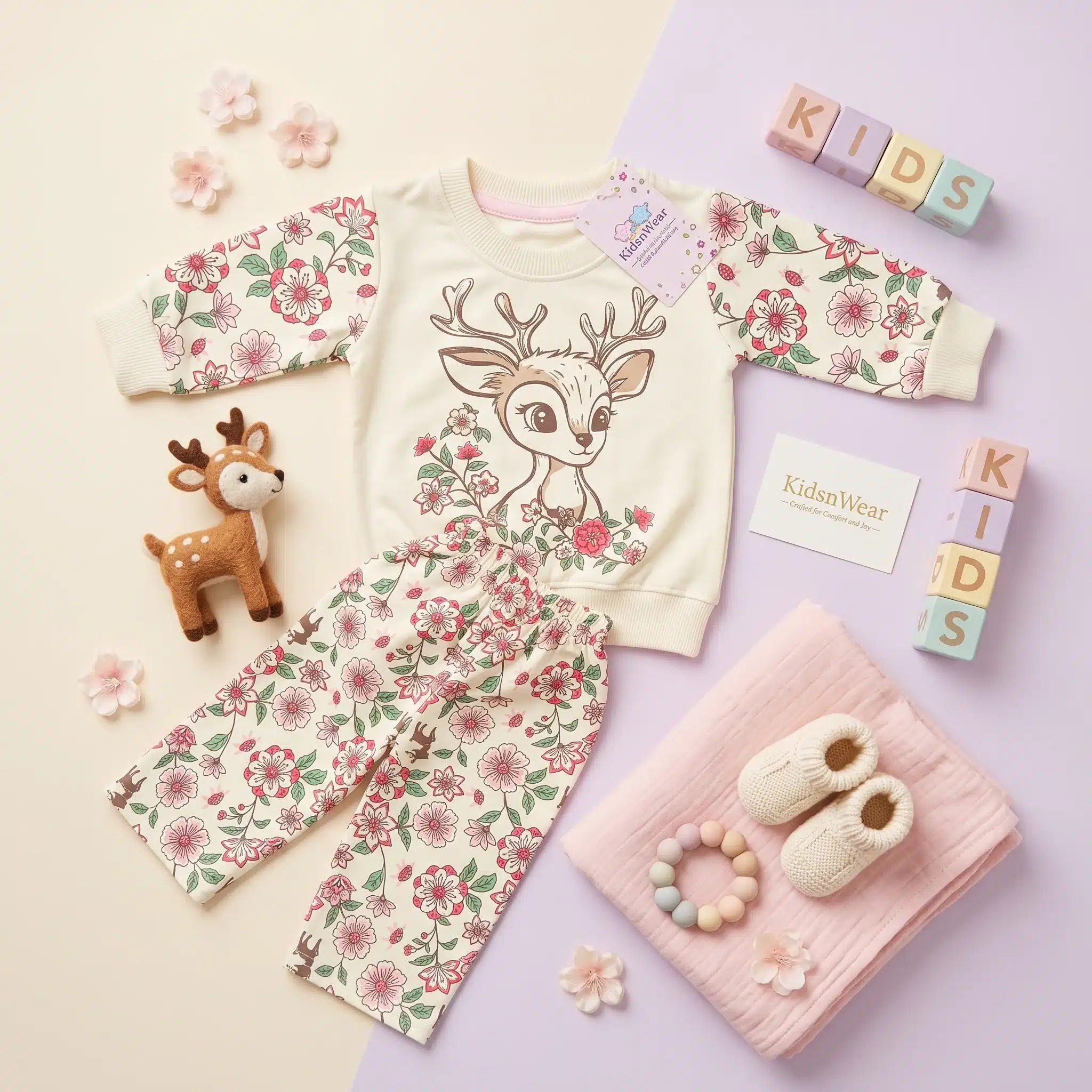 Girls' Woodland Deer Graphic Premium Fleece Sweatshirt and Trousers Lounge Set - Image 2