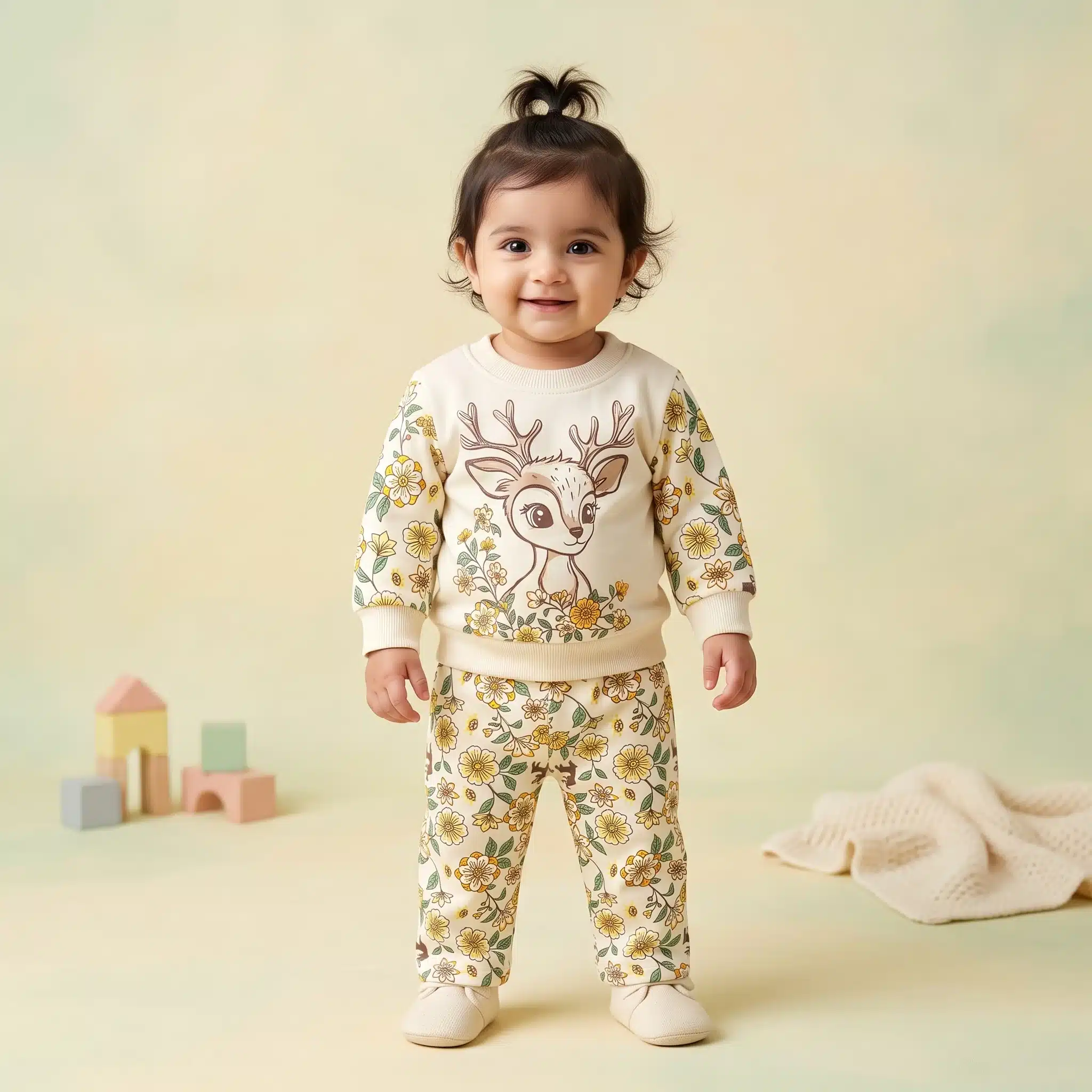 Girls' Woodland Deer Graphic Premium Fleece Sweatshirt and Trousers Lounge Set - Image 5