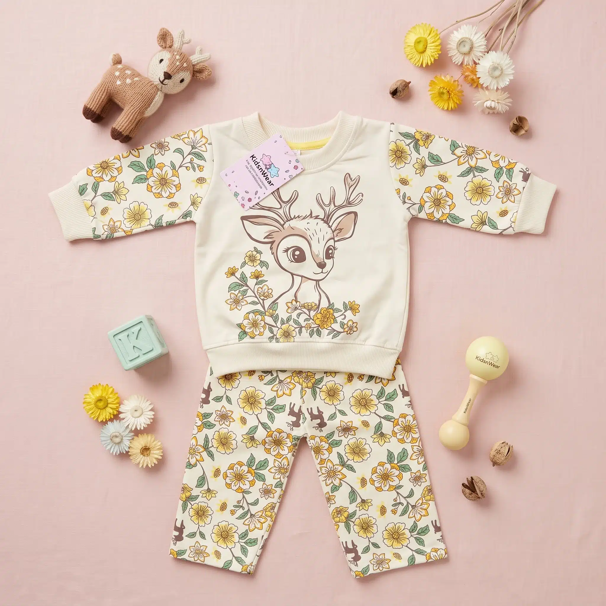 Girls' Woodland Deer Graphic Premium Fleece Sweatshirt and Trousers Lounge Set - Image 6