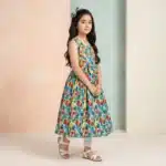 Girls' Autumn Floral Print Premium Sleeveless Frock and Trousers Co-Ord Set - Green