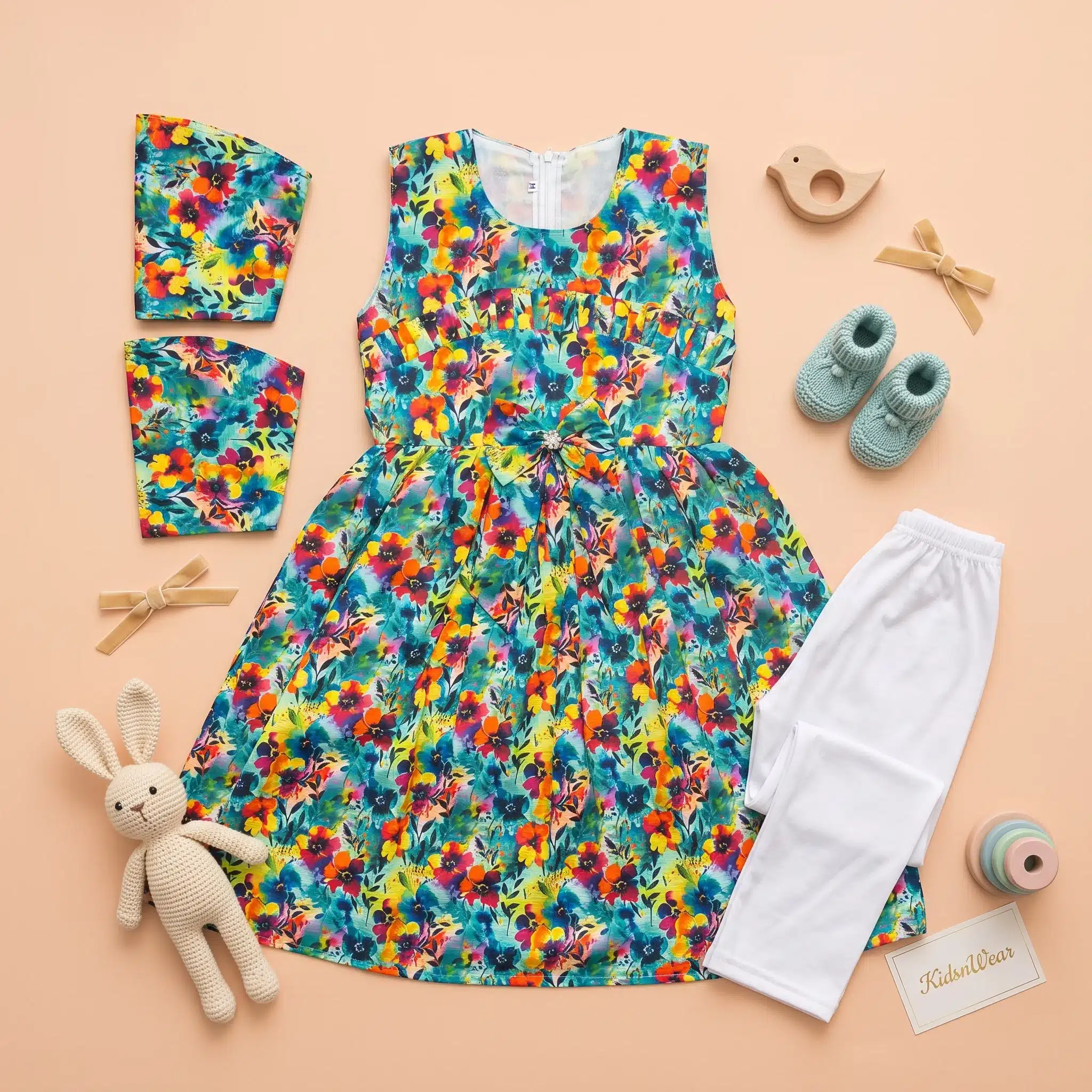 Girls' Autumn Floral Print Premium Sleeveless Frock and Trousers Co-Ord Set - Image 2