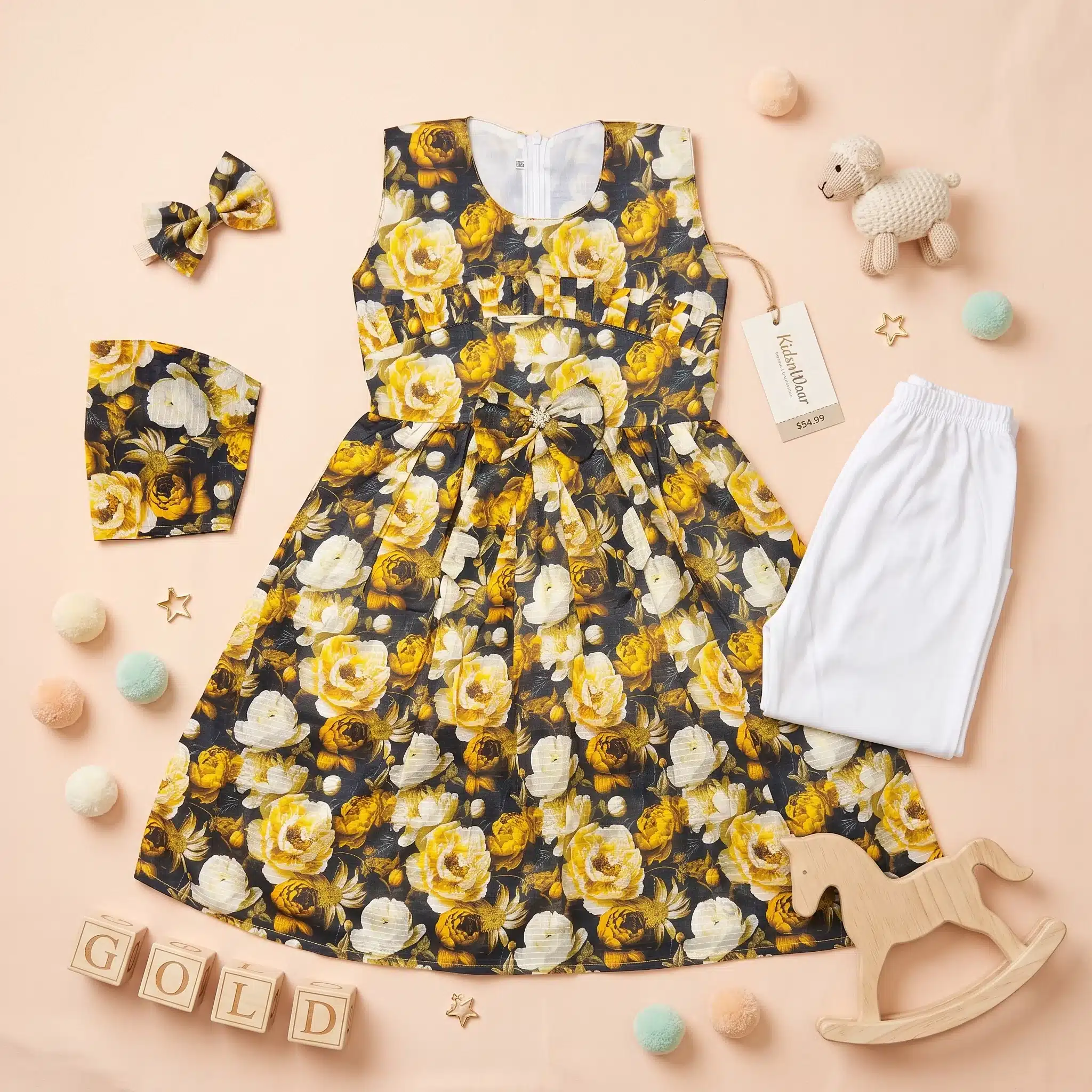 Girls' Autumn Floral Print Premium Sleeveless Frock and Trousers Co-Ord Set - Image 4