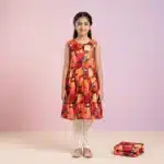 Girls' Autumn Floral Print Premium Sleeveless Frock and Trousers Co-Ord Set - Red