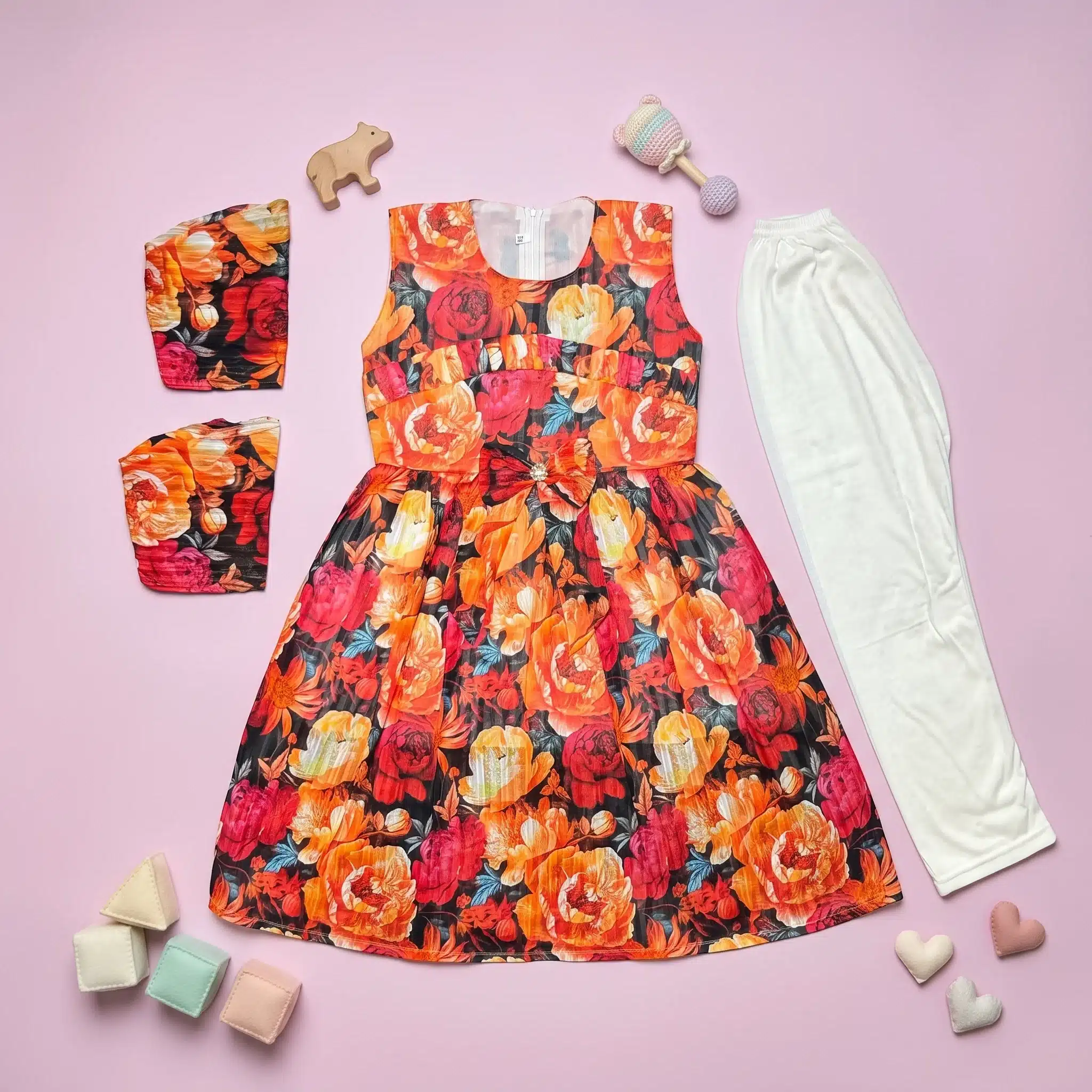 Girls' Autumn Floral Print Premium Sleeveless Frock and Trousers Co-Ord Set - Image 8