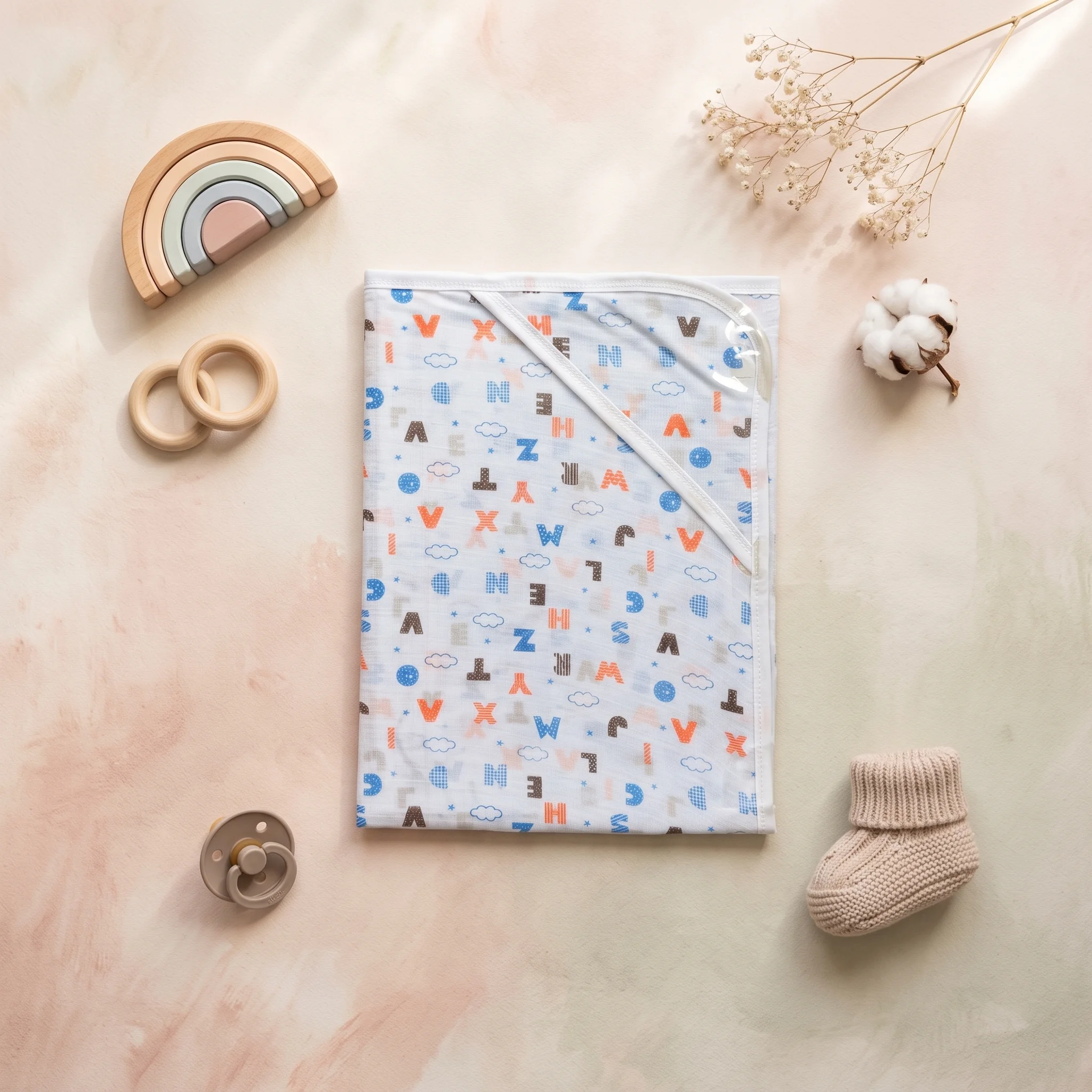 Infant Alphabet & Clouds Premium Cotton Hooded Swaddle Blanket - Image 3