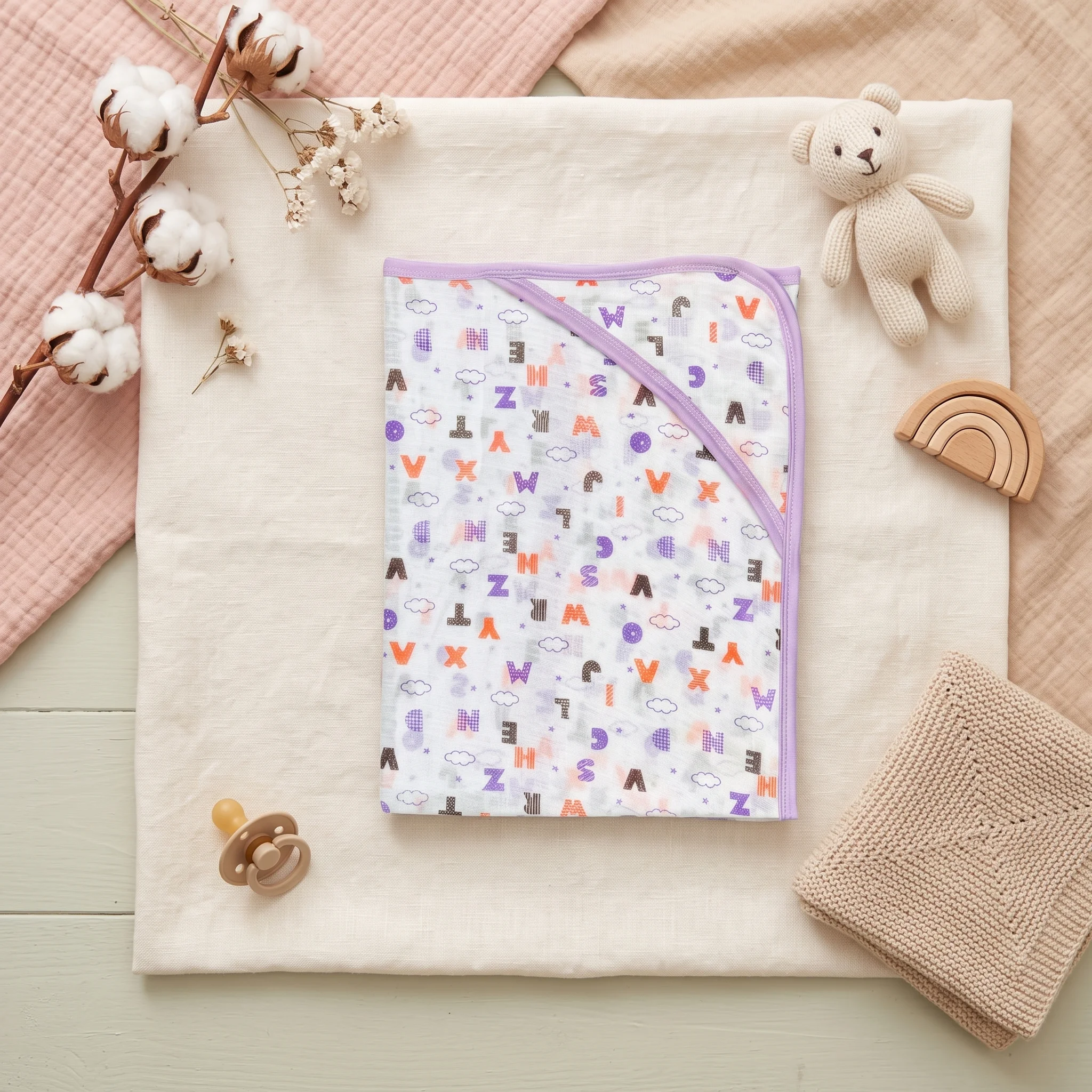 Infant Alphabet & Clouds Premium Cotton Hooded Swaddle Blanket - Image 4