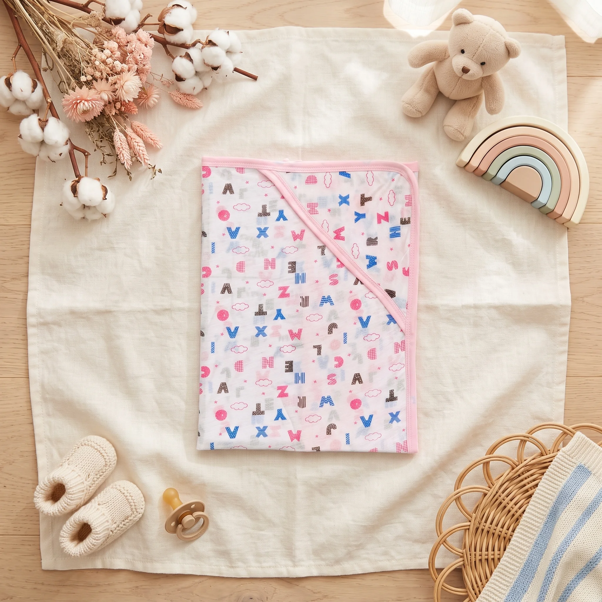 Infant Alphabet & Clouds Premium Cotton Hooded Swaddle Blanket - Image 5