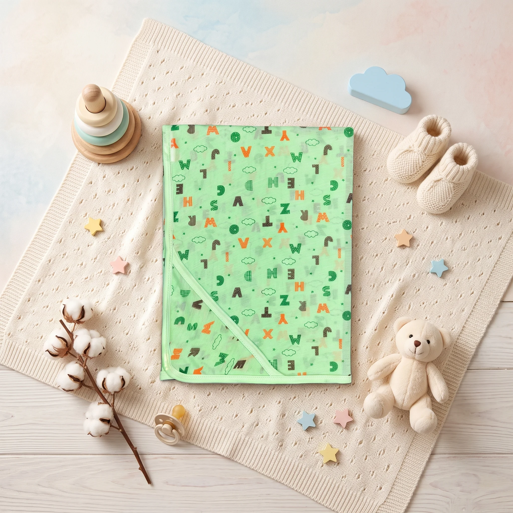 Infant Alphabet & Clouds Premium Cotton Hooded Swaddle Blanket - Image 6
