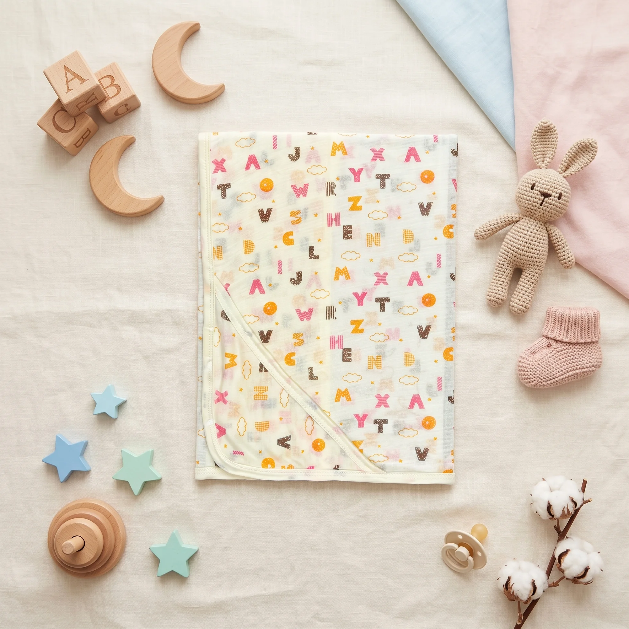 Infant Alphabet & Clouds Premium Cotton Hooded Swaddle Blanket - Image 2